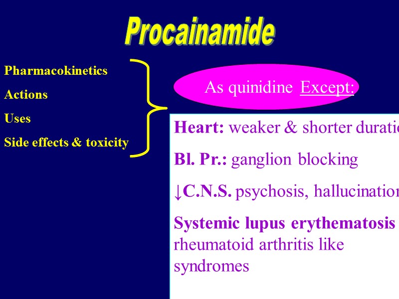 Pharmacokinetics Actions  Uses Side effects & toxicity  Procainamide As quinidine Except: Heart: